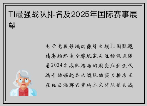 TI最强战队排名及2025年国际赛事展望